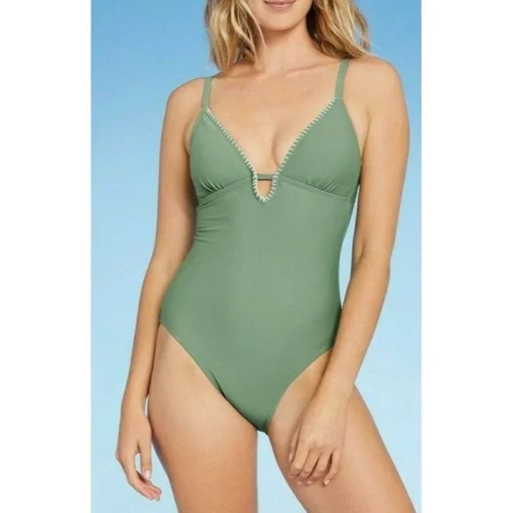 Kona Sol Sage Green Deep V One Piece Swimsuit White Stitching Size XS